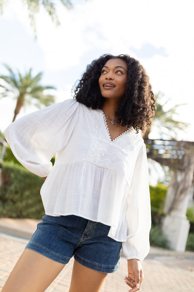 Glistening Lights Ivory Lace Detail Woven Long Sleeve Blouse FINAL SALE