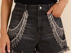 Rhinestone Riff Black Wash Embellished Denim Shorts FINAL SALE