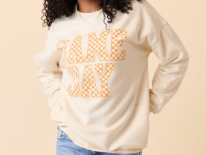 Checkered Orange Game Day Cream Graphic Sweatshirt