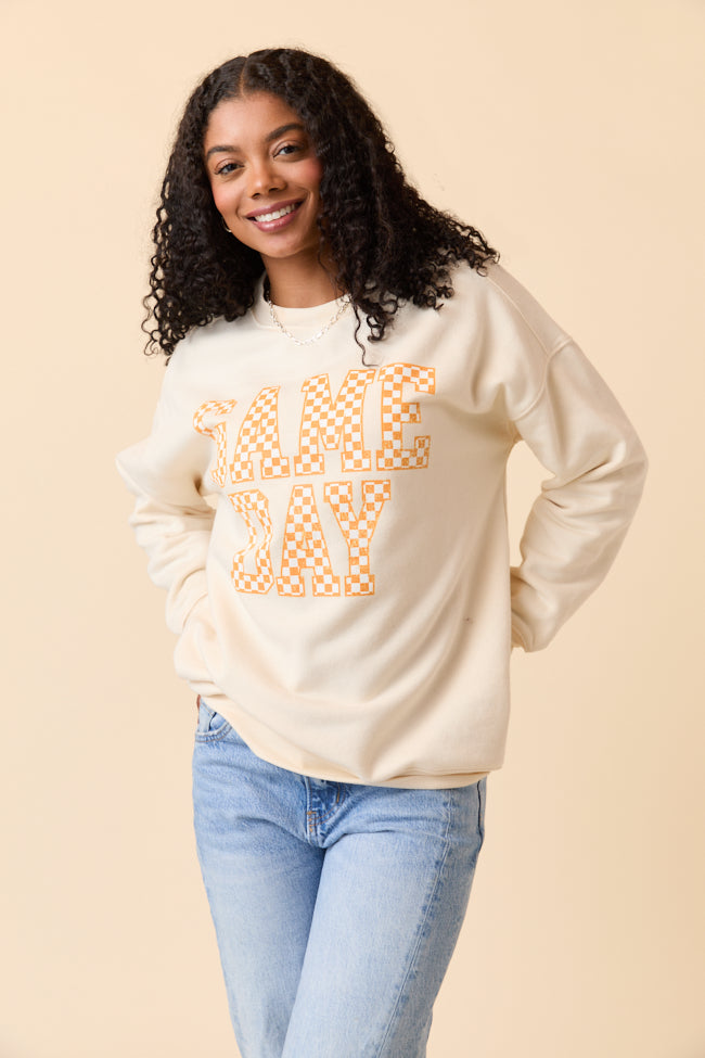 Checkered Orange Game Day Cream Graphic Sweatshirt