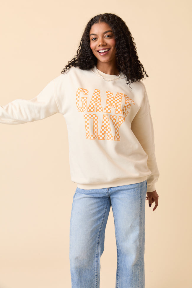 Checkered Orange Game Day Cream Graphic Sweatshirt - Image 2