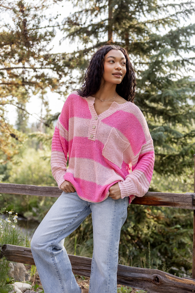 Know You Best Pink Oversized Striped Henley Sweater FINAL SALE - Image 2