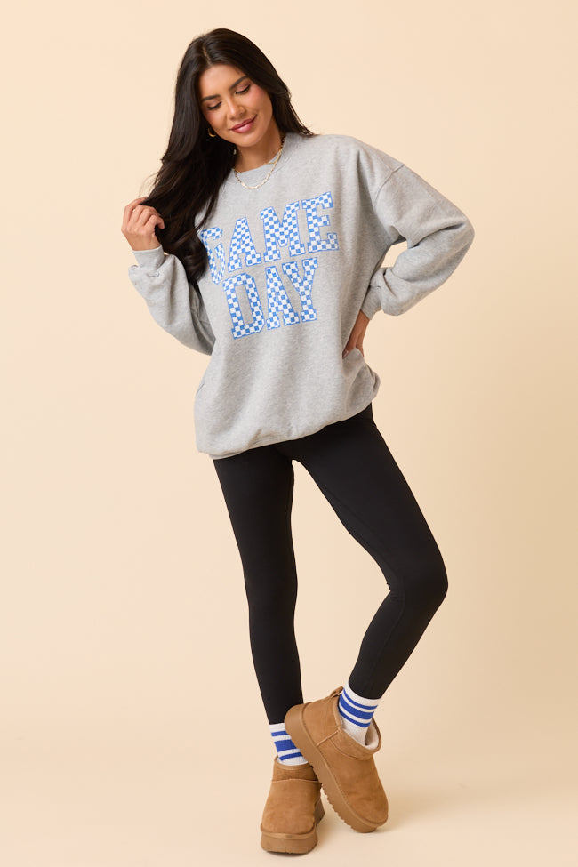 Checkered Blue Game Day Light Grey Graphic Sweatshirt - Image 2