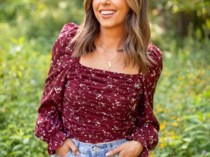 Brittney Ruched Claret Floral Top Emily Fauver X Pink Lily