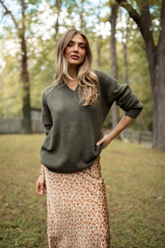 Adalyn Olive Green V-Neck Sweater