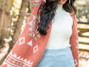 Traci Boucle Coral Southwestern Print Cardigan