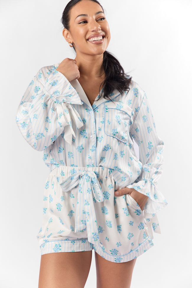 Sleep On My Side Blue Floral Satin Pajama Shorts FINAL SALE - Image 2