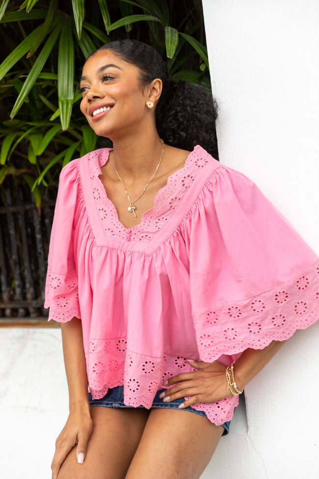 No Regrets Pink Eyelet Detail Popover Short Sleeve Blouse FINAL SALE - Image 2