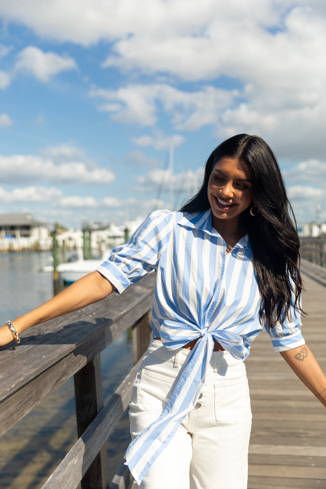 Key To Style Blue Striped Tie Front Collared Blouse FINAL SALE - Image 2