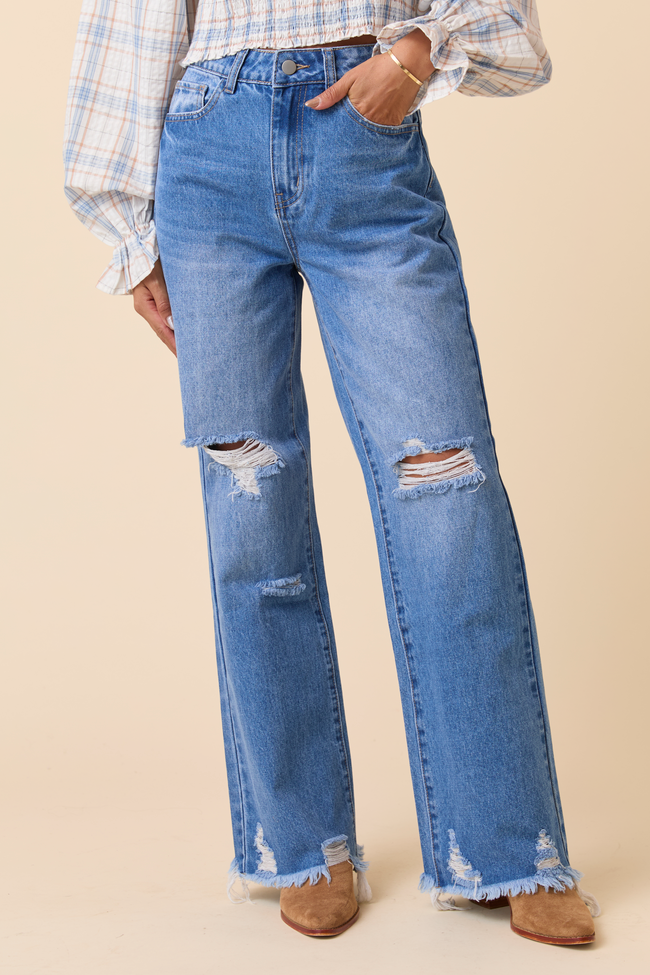 Ariel Medium Wash Distressed Wide Leg Jeans