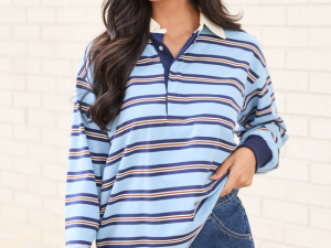 Sandra Blue Striped Collared Pullover