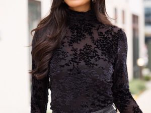 Lux Black Applique Mesh Turtleneck Top