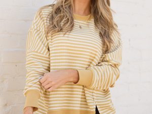 Kara Yellow Stripe Waffle Pullover
