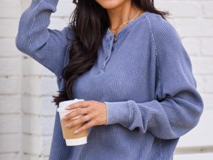 Abbie Long Sleeve Mineral Wash Dusty Navy Thermal Henley Top
