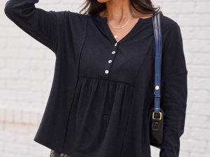 Kenna Black Long Sleeve Henley Top