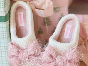 Cozi Pink Tinsel Bow Shearling Slippers