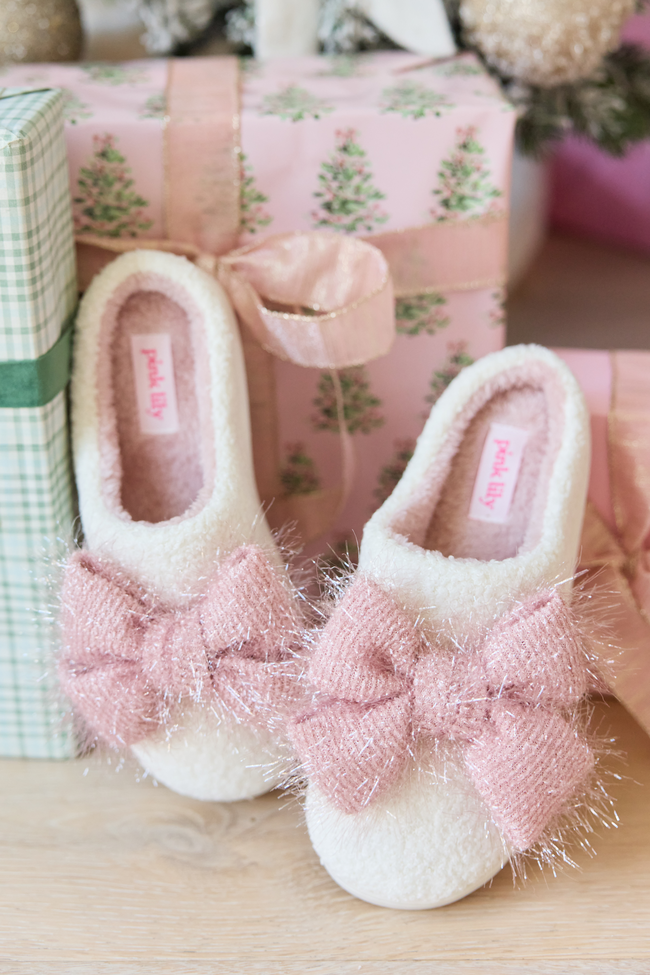Cozi Pink Tinsel Bow Shearling Slippers