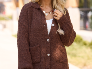 Marcella Brown Collared Boucle Cardigan