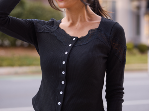 Deisa Black Lace Trim Long Sleeve Waffle Knit Top