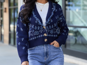 Zendaya Navy Blue Fringe Paisley Print Cardigan
