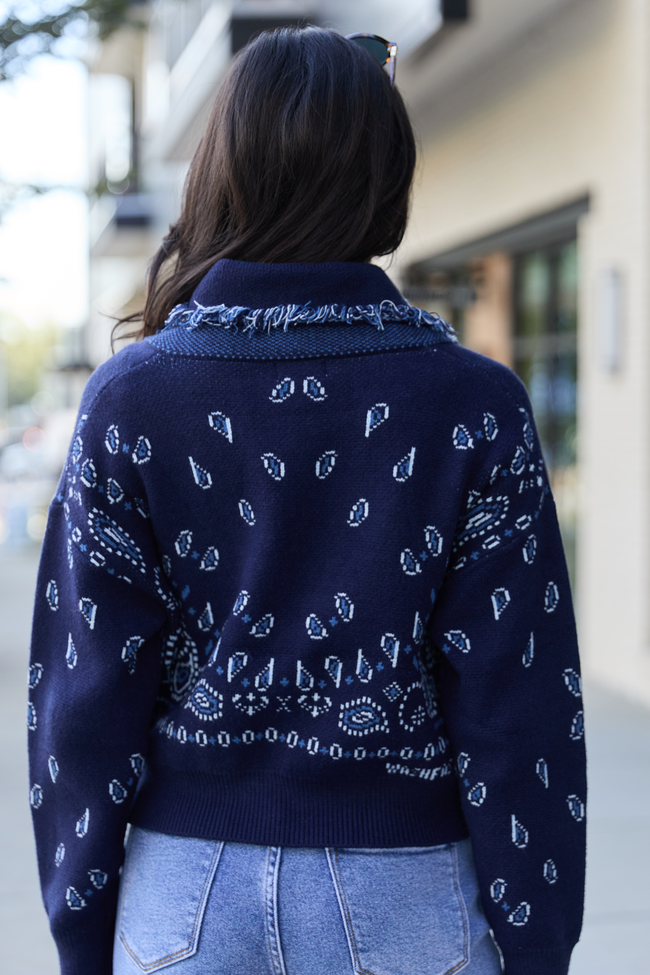 Zendaya Navy Blue Fringe Paisley Print Cardigan - Image 4