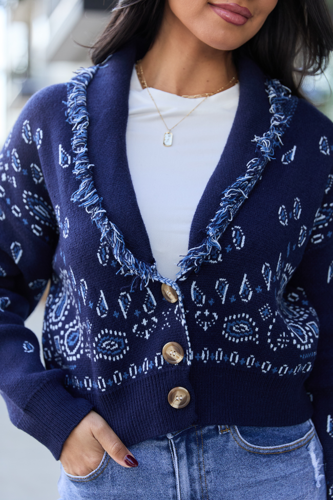 Zendaya Navy Blue Fringe Paisley Print Cardigan - Image 5