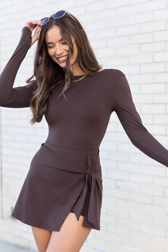 On My Terms Brown Long Sleeve Active Wrap Dress
