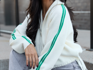 Kimmy Ivory with Green Stripes Full Zip Sweater