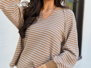 Harlee Taupe Stripe V-neck Striped Waffle Knit Top