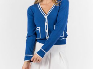 Gives Me Time Navy and Ivory Contrast Trim Cardigan FINAL SALE