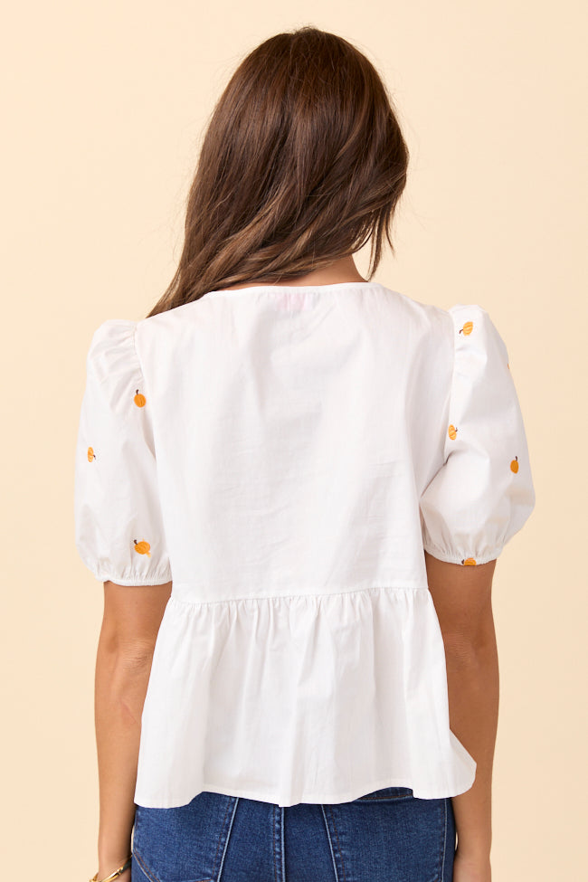 Angela Short Sleeve White Embroidered Pumpkin Peplum Top FINAL SALE - Image 5