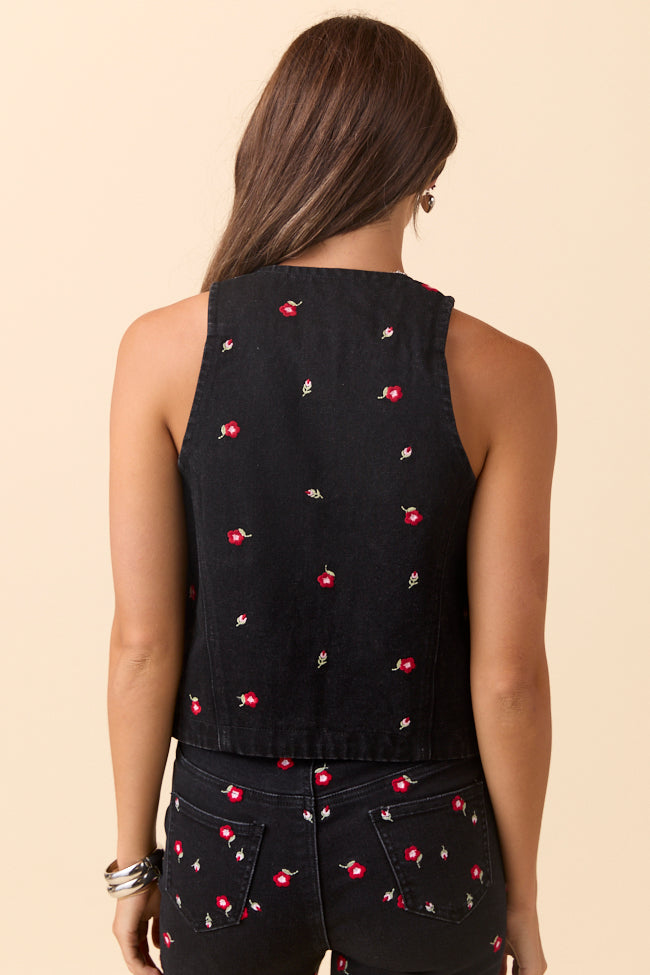 Beneath The Moon Floral Embroidered Stretch Denim Vest - Image 4