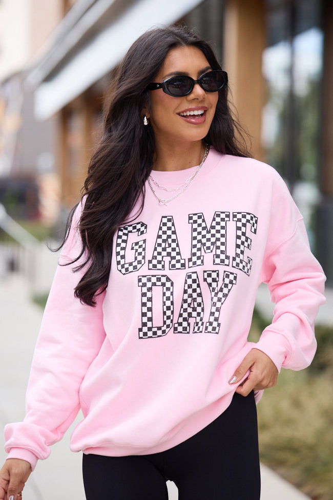 Checkered Game Day Light Pink Graphic Sweatshirt