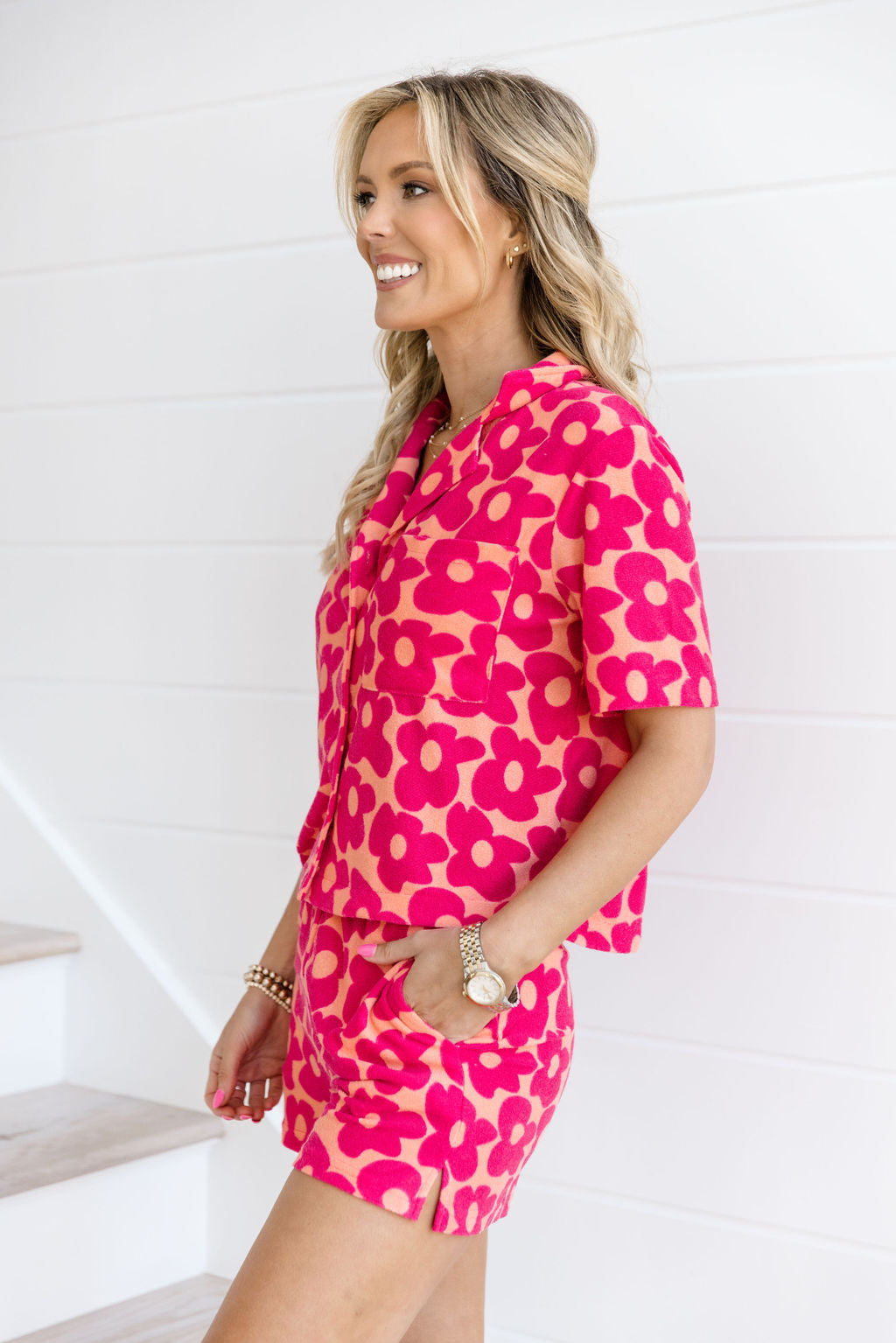 Girls Just Wanna Have Fun Button Down Terry Top In Floral Flair FINAL SALE - Image 4