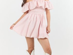 Best Reflection Blush Off The Shoulder Eyelet Gingham Dress FINAL SALE