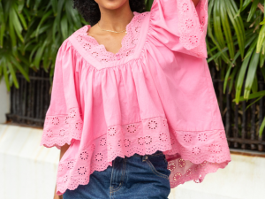 No Regrets Pink Eyelet Detail Popover Short Sleeve Blouse FINAL SALE