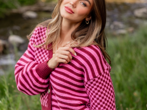 Samara Checkered and Stripes Pink and Burgundy Cardigan